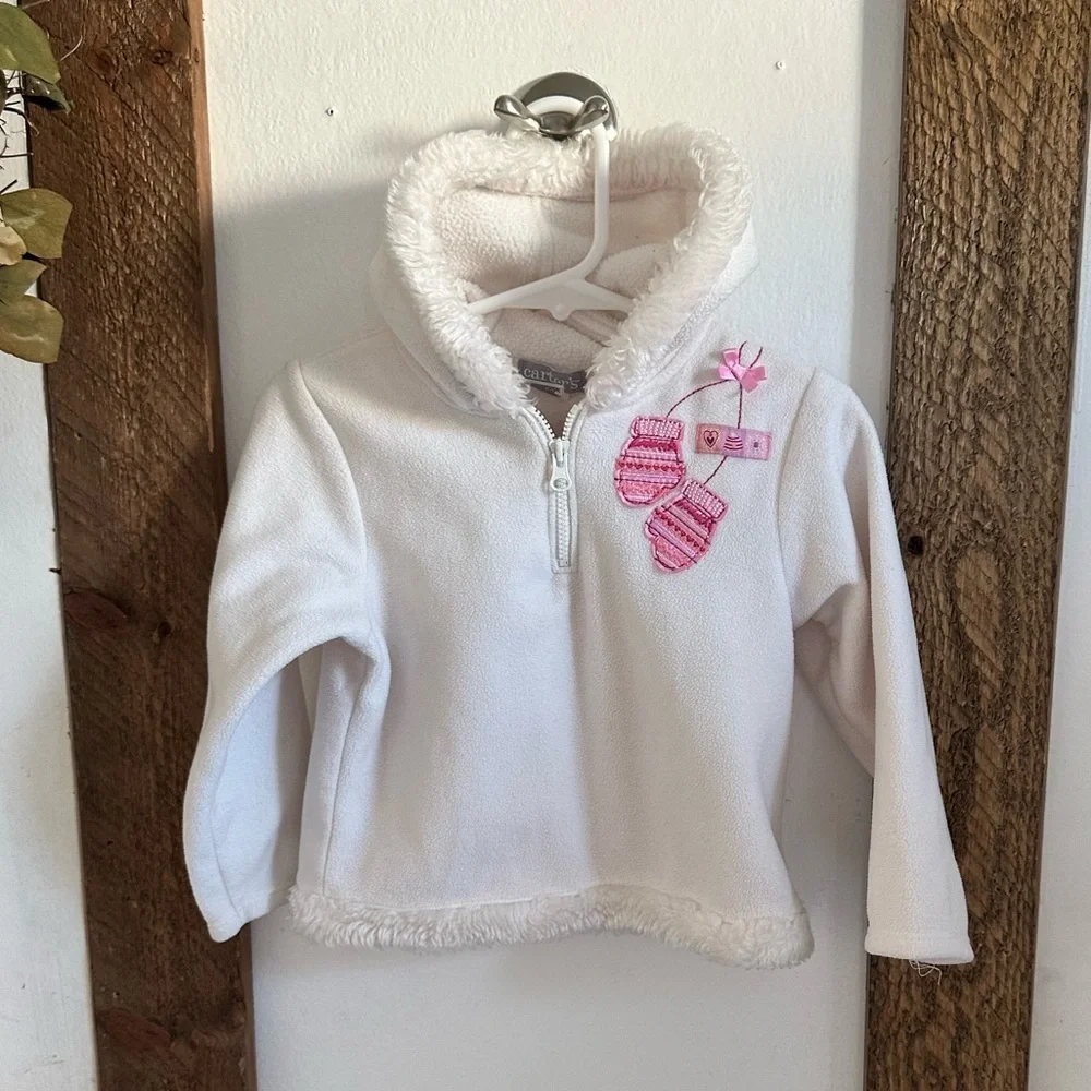 Y2K Carter’s 24m Girl Fleece 1/4 Zip Winter Hoodie Faux Fur, Mitten Embroidery